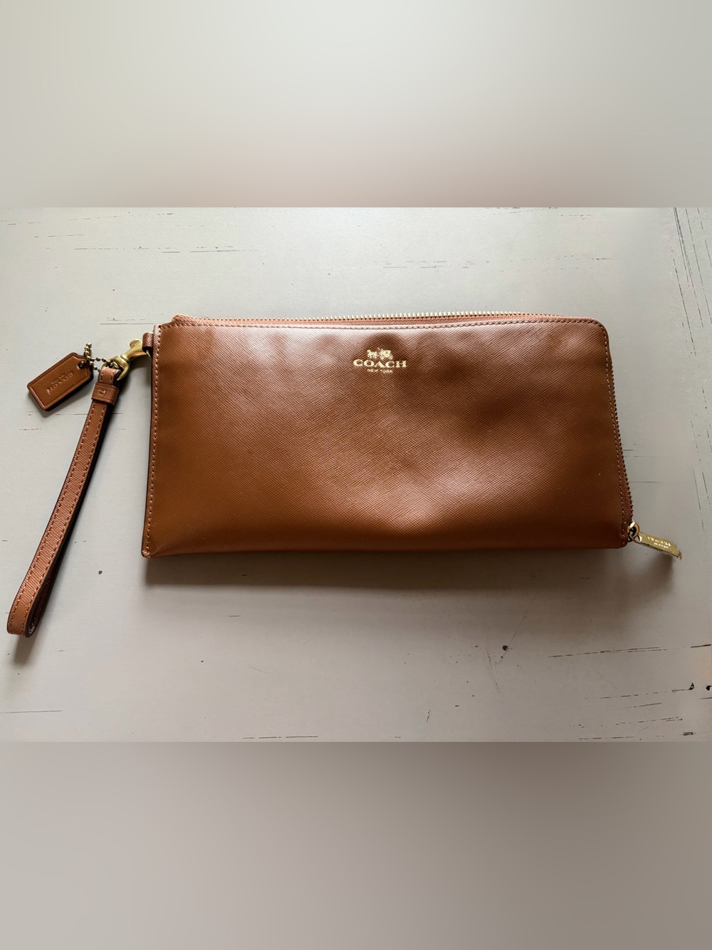 Coach Tan Leather Zip Pouch with Gold Logo